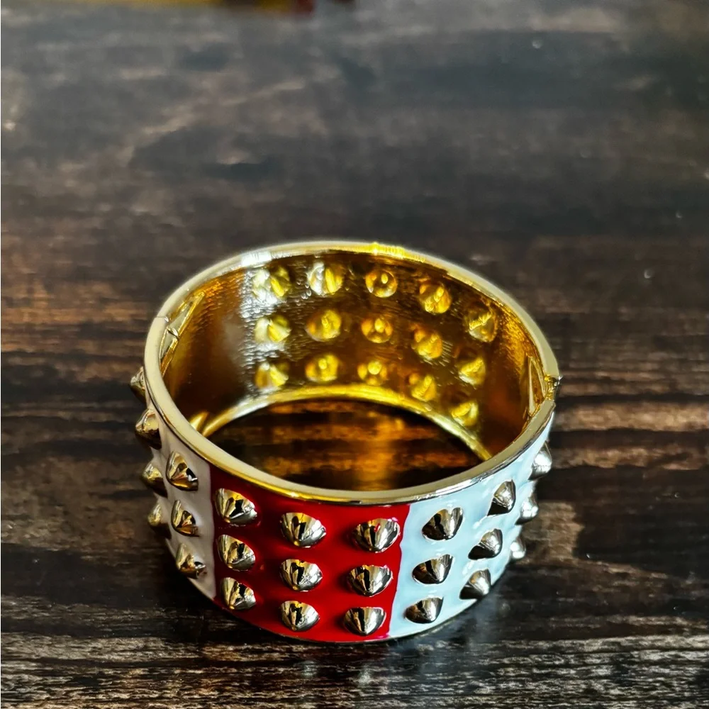 Gold Spike Hinged Cuff Bracelet‎ with Red and White Enamel